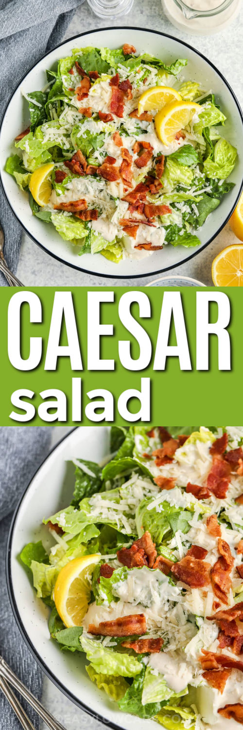 Keto Caesar salad is a crisp, low-carb salad made with romaine lettuce, crispy bacon, and a rich, creamy homemade dressing. This easy keto salad is perfect for lunch or dinner when you want something fresh and satisfying without extra carbs. The Parmesan cheese and garlic dressing add bold flavor in every bite. It is great for keto meal prep, quick lunches, or simple family meals that feel filling and classic. #easylowcarb Low Carb Caesar Salad in a bowl and close up photo with a title