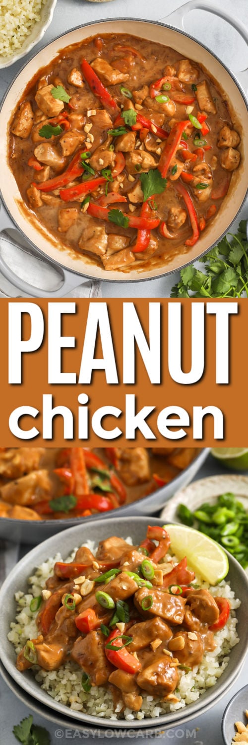 This low carb peanut chicken recipe is ideal for busy nights because it is quick, comforting, and built on pantry staples. Chicken breast, natural peanut butter, canned coconut milk, soy sauce, garlic, ginger, and lime create a smooth sauce with bold flavor in every bite. Add cilantro, crushed peanuts, and green onions before serving for a fresh finish that makes the whole dish feel brighter and more complete. #easylowcarb Peanut Chicken in the pot and on cauliflower rice with a title