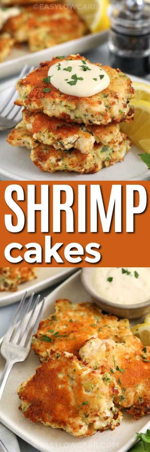 These keto shrimp cakes are all about texture and flavor. Chopped shrimp keeps the patties tender and a little chunky, while mayonnaise, egg, and Dijon help bind everything together without heavy fillers. Parmesan sprinkled on top adds extra color and savory depth as they cook. They are delicious as a main dish, a lighter appetizer, or tucked into lettuce wraps for lunch. #easylowcarb Shrimp Cakes on a plate and top photo in a stack with sour cream with a title