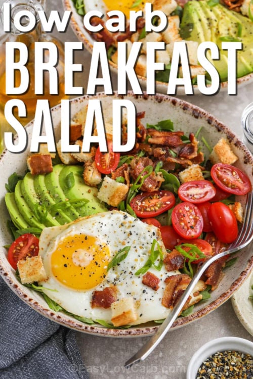 Breakfast salad is a fresh, low-carb meal with eggs, bacon, avocado, and crisp greens. It is simple to make and great for busy days. It's loaded with great ingredients that all go perfectly together. Enjoy a quick breakfast salad that feels filling, fresh, and easy to enjoy any day. It is a great way to use simple ingredients in a new and tasty way. #easylowcarb Breakfast Salad with bacon and writing