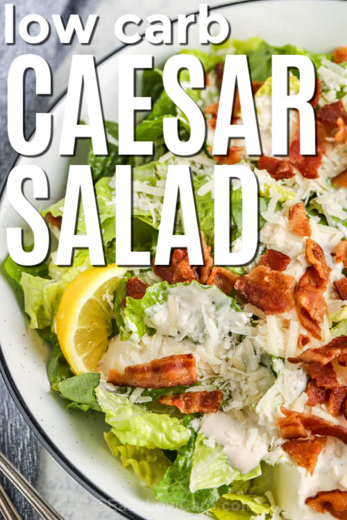 Keto Caesar salad is a simple low-carb recipe that brings together crunchy romaine, salty bacon, and creamy parmesan dressing. This homemade keto Caesar salad is perfect for anyone looking for easy keto lunch ideas or light dinner options. The dressing is rich, tangy, and full of garlic flavor that coats every leaf. It works well as a side dish or topped with protein for a full meal. #easylowcarb Low Carb Caesar Salad with bacon and a title