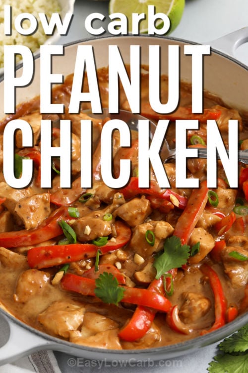 Creamy peanut chicken is a flavorful way to change up your usual chicken dinner without adding extra work. The combination of peanut butter and coconut milk makes a rich sauce that clings to every piece of chicken, while lime juice and chili flakes keep it balanced. This recipe is easy to customize with different vegetables and works well for meal prep, leftovers, or a simple low carb dinner at home. #easylowcarb low carb Peanut Chicken in the pan with writing