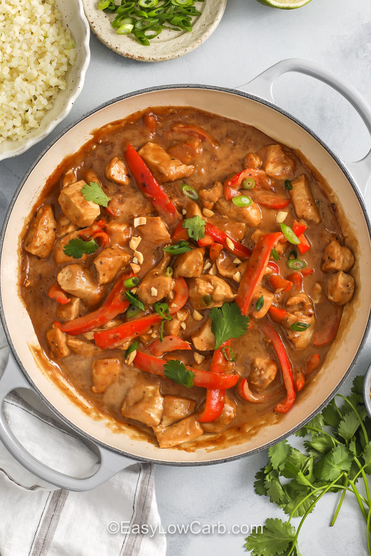 If you need a low carb chicken dinner that still feels full of flavor, this Thai peanut chicken is a strong pick. The sauce is creamy and nutty with a balance of savory soy sauce, bright lime, and warm ginger. Red bell pepper gives the skillet a fresh pop of sweetness, and the final toppings add crunch and brightness. It is easy to prep, easy to cook, and easy to keep in the meal rotation. #easylowcarb pot of Peanut Chicken