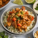 plated Peanut Chicken on cauliflower rice