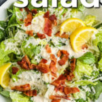 top view of Low Carb Caesar Salad in a bowl with writing