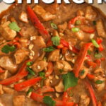 Peanut Chicken sauce in pan with a title