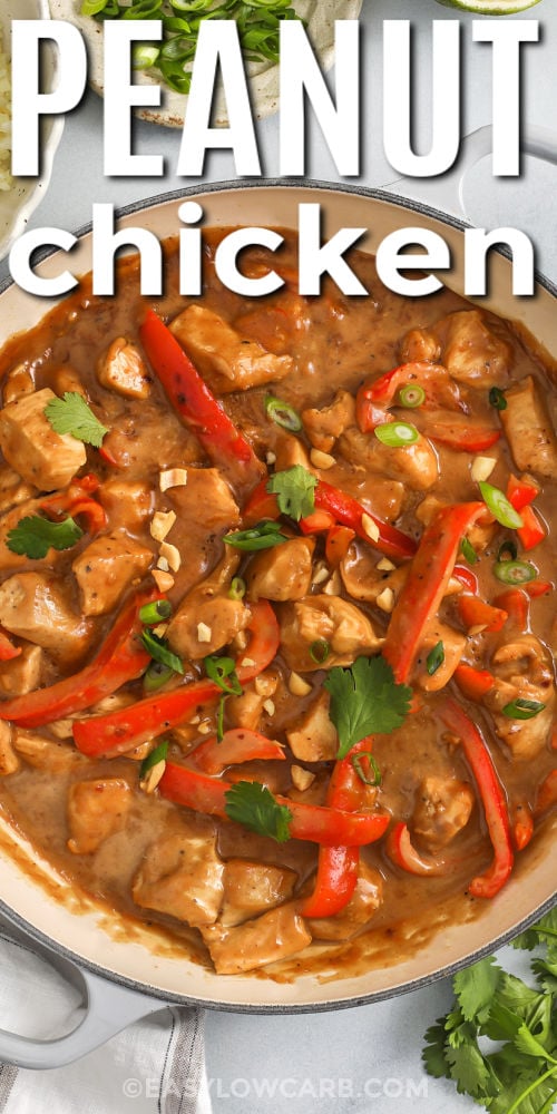 Peanut chicken with bell peppers is a one-pan dinner that brings together tender chicken, creamy sauce, and fresh toppings in a very weeknight-friendly way. The peanut sauce has just enough richness from coconut milk, plus depth from soy sauce and aromatics like garlic and ginger. This recipe is great for anyone looking for a practical dinner that still feels special enough to save, share, and make again soon. #easylowcarb Peanut Chicken sauce in pan with a title