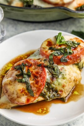 Caprese Chicken Recipe on a plate with pan full in the back