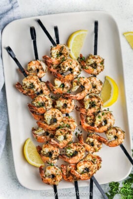 plated Grilled Shrimp Kabobs with lemon