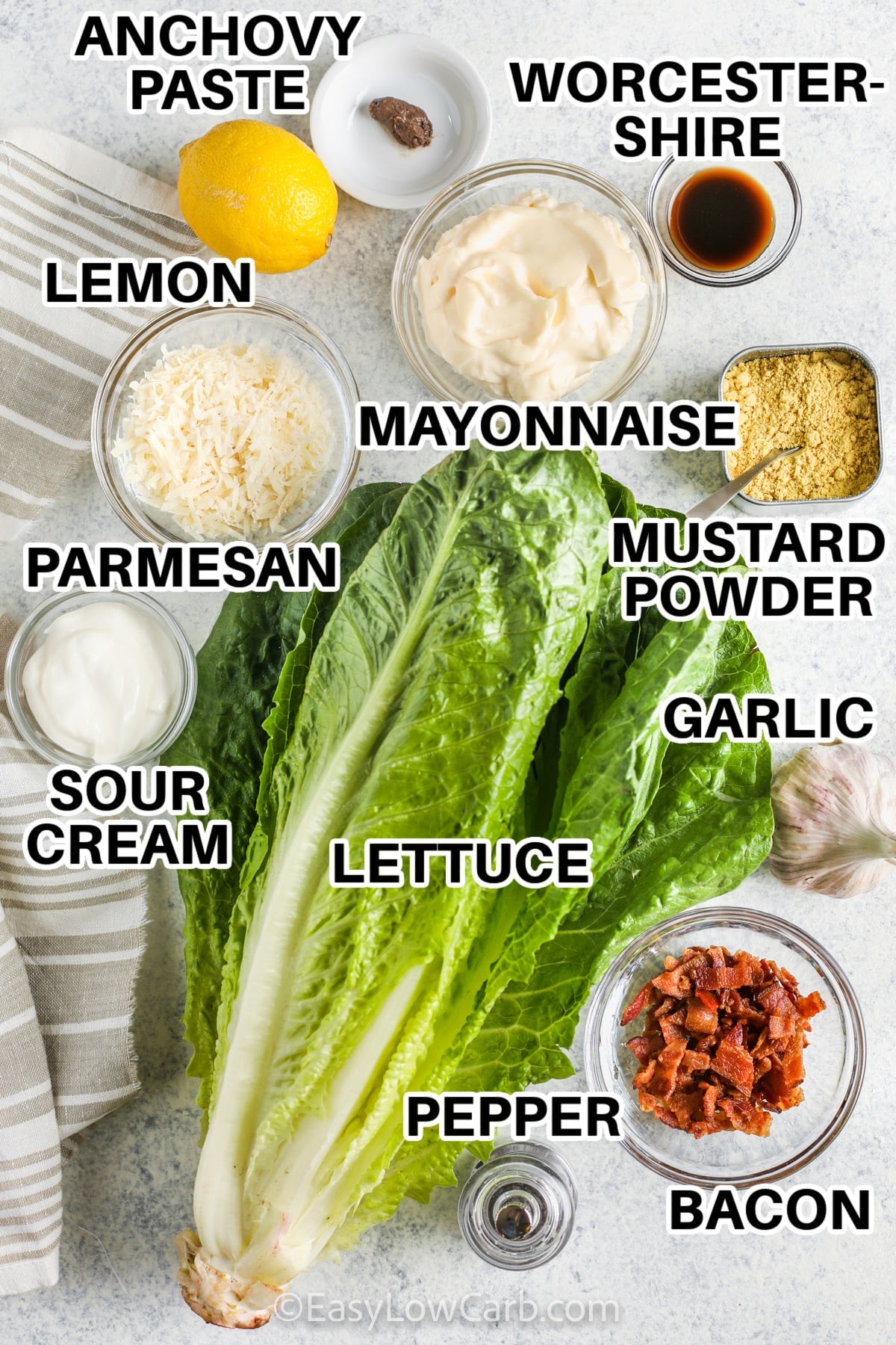 anchovy paste, Worcestershire, lemon, mayonnaise, mustard powder, garlic, bacon, pepper, lettuce, sour cream, and parmesan with labels to make Keto Caesar salad recipe
