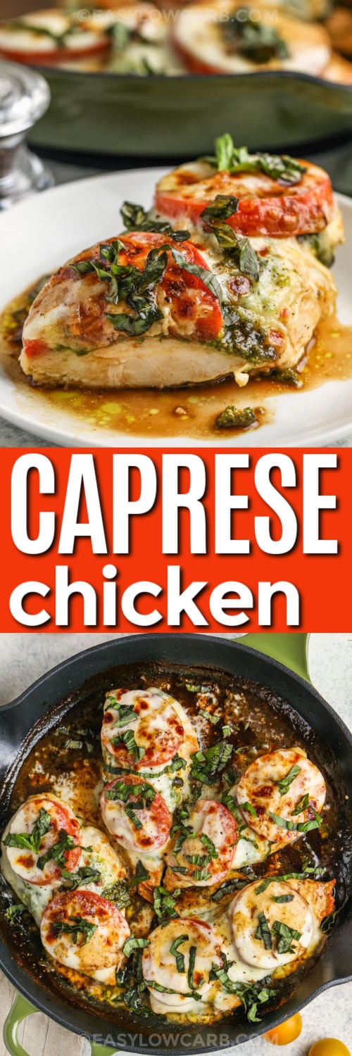 My Caprese chicken recipe turns everyday chicken breasts into a fresh and satisfying dinner. Layers of basil pesto, melted mozzarella cheese, sliced tomatoes, and balsamic add classic Italian flavor without complicated prep. This low carb skillet meal is great for weeknights and leftovers taste just as delicious the next day. Pair it with a simple salad or roasted vegetables for a complete dinner everyone will ask for again. Make this recipe tonight. #easylowcarb Caprese Chicken Recipe in the pan and plated with a title