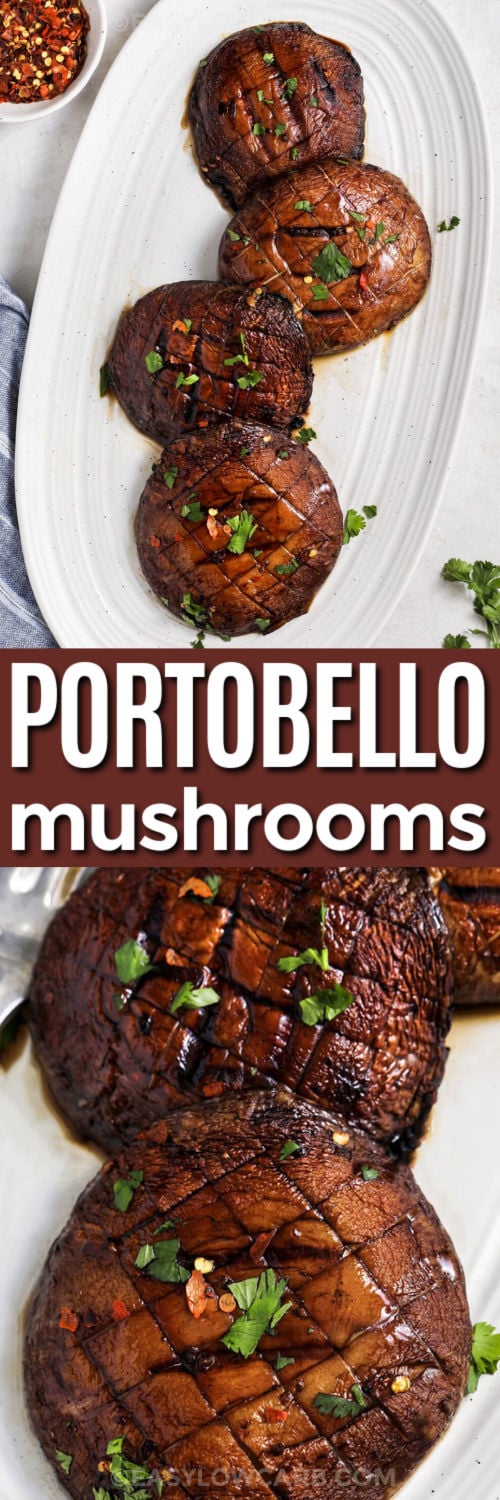 Grilled portobello mushrooms are packed with savory garlic, ginger, and smoky grilled flavor in every bite. A quick soy and sesame marinade gives these mushrooms a rich taste that works perfectly as a side dish or meatless main. They come off the grill tender, juicy, and full of bold flavor without a lot of work. Serve them with burgers, rice bowls, or fresh summer salads for an easy dinner everyone will want again. Fire up the grill and try them tonight. #easylowcarb plate of Grilled Portobello Mushrooms and close up photo with a title