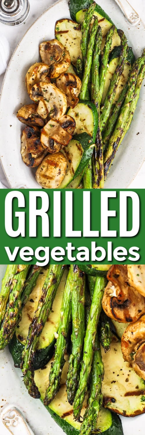 Easy dinners are better with a grilled vegetables recipe that uses fresh seasonal produce. Zucchini, asparagus, and mushrooms soak up a savory balsamic garlic marinade and grill into tender, flavorful bites. The result is a colorful side dish with smoky edges and bright flavor that pairs well with almost anything from the grill. It is perfect for cookouts, meal prep, or quick weeknight meals. Add this recipe to your dinner rotation. #easylowcarb Grilled Vegetables Recipe on a plate and close up photo with a title