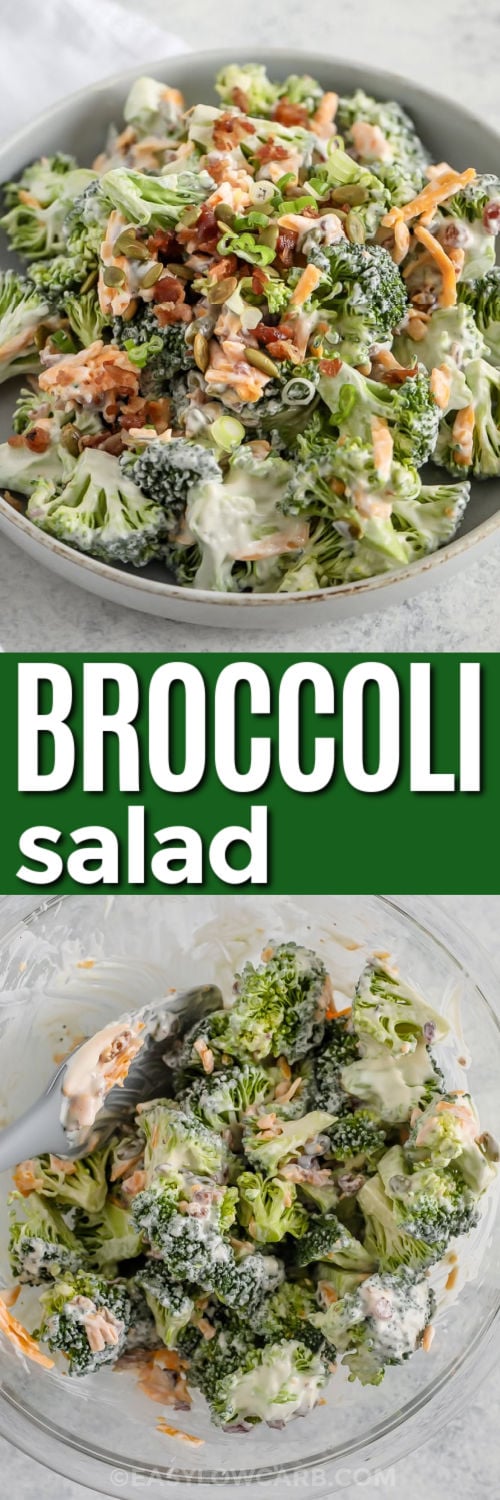 This easy keto broccoli salad recipe is a fast and tasty addition to any meal. With only five ingredients, it's simple to prepare and bursting with flavor. Featuring crunchy broccoli, cheese, nuts, bacon bits, and green onions, all covered in a creamy mustard dressing, it's a delicious treat. Pin this recipe to keep a low-carb salad ready for busy weeks. #easylowcarb Keto Broccoli Salad mixed in a bowl and plated dish with a title