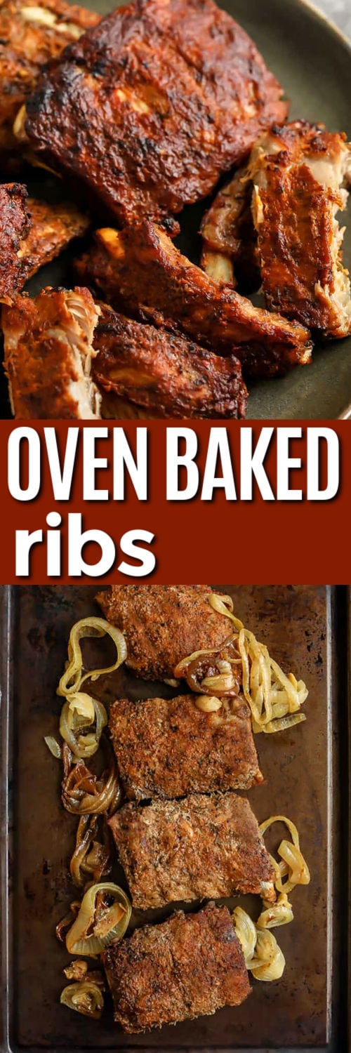 Oven baked ribs recipe meals are always a favorite when the ribs come out juicy, flavorful, and easy to make at home. Baby back ribs are coated in smoky paprika seasoning and baked until tender before being brushed with sugar-free barbecue sauce. The oven does all the work while the ribs turn into a family dinner everyone will want again and again. These oven baked BBQ ribs are great for weekends, parties, and casual dinners. Save this recipe and make it soon. #easylowcarb Oven Baked Ribs on a sheet pan and plated with sauce and a title
