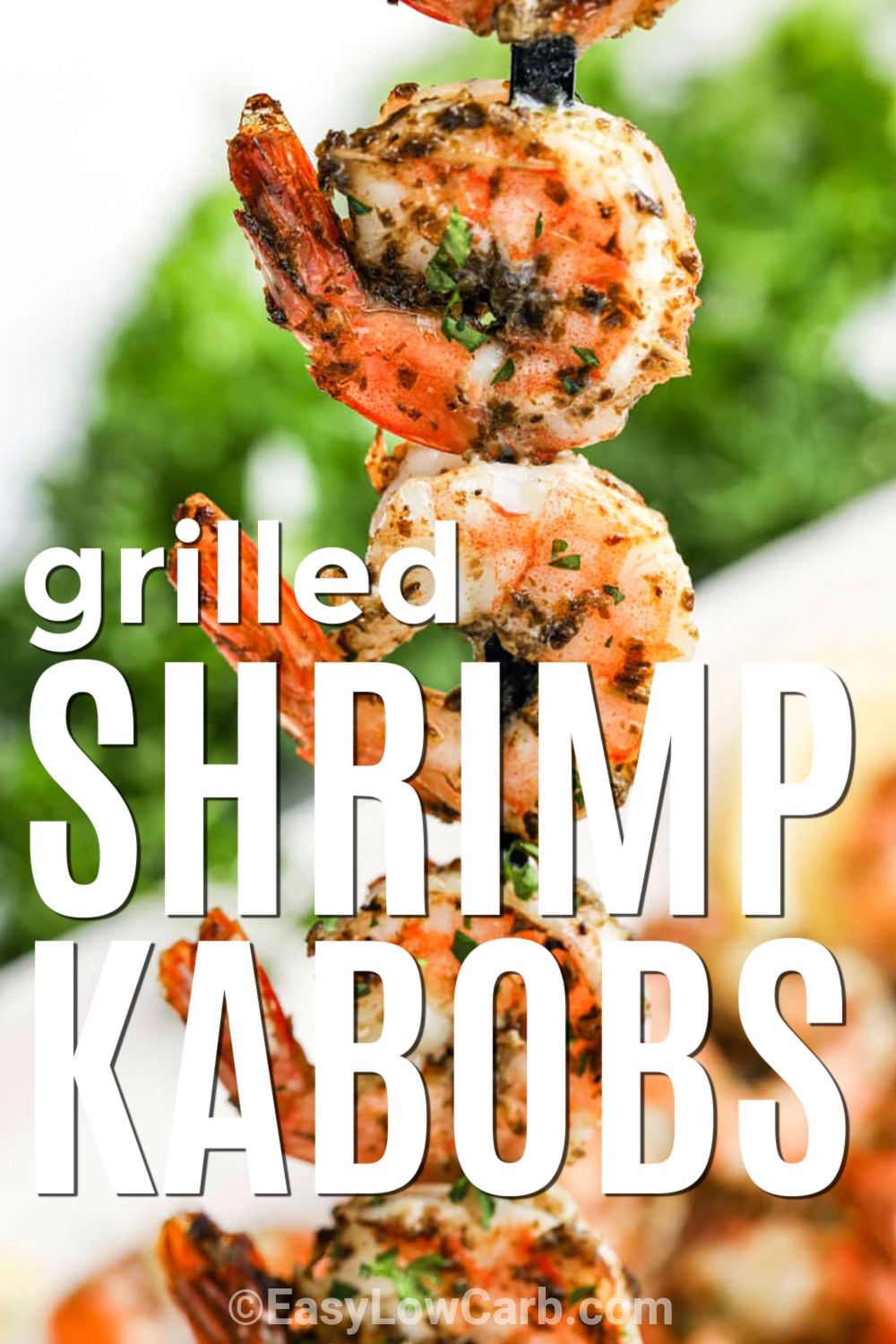 Shrimp kabob recipe ideas do not get much better than these flavorful grilled skewers. Tender shrimp and vibrant vegetables come together for a healthy meal everyone loves. The grill adds delicious charred flavor while keeping everything juicy. This easy low carb dinner is great for warm evenings and casual entertaining. Serve it with grilled vegetables or a crisp salad for a complete plate. It is a simple recipe that always disappears quickly. Try these shrimp kabobs tonight. #easylowcarb close up of juicy Grilled Shrimp Kabobs with writing