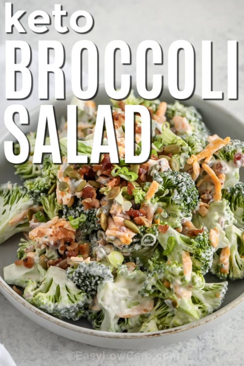This keto broccoli salad is the perfect addition to any meal. It’s a fresh side that is hearty enough for meal prep and easy enough for a cookout. Bursting with crisp broccoli, cheese, nuts, bacon bits, and green onions, all coated in a creamy mustard dressing, this salad always satisfies. There are so many ways to savor this crunchy classic. So be sure to pin this recipe to keep a low carb salad ready for busy weeks. #easylowcarb Keto Broccoli Salad in a bowl with a title