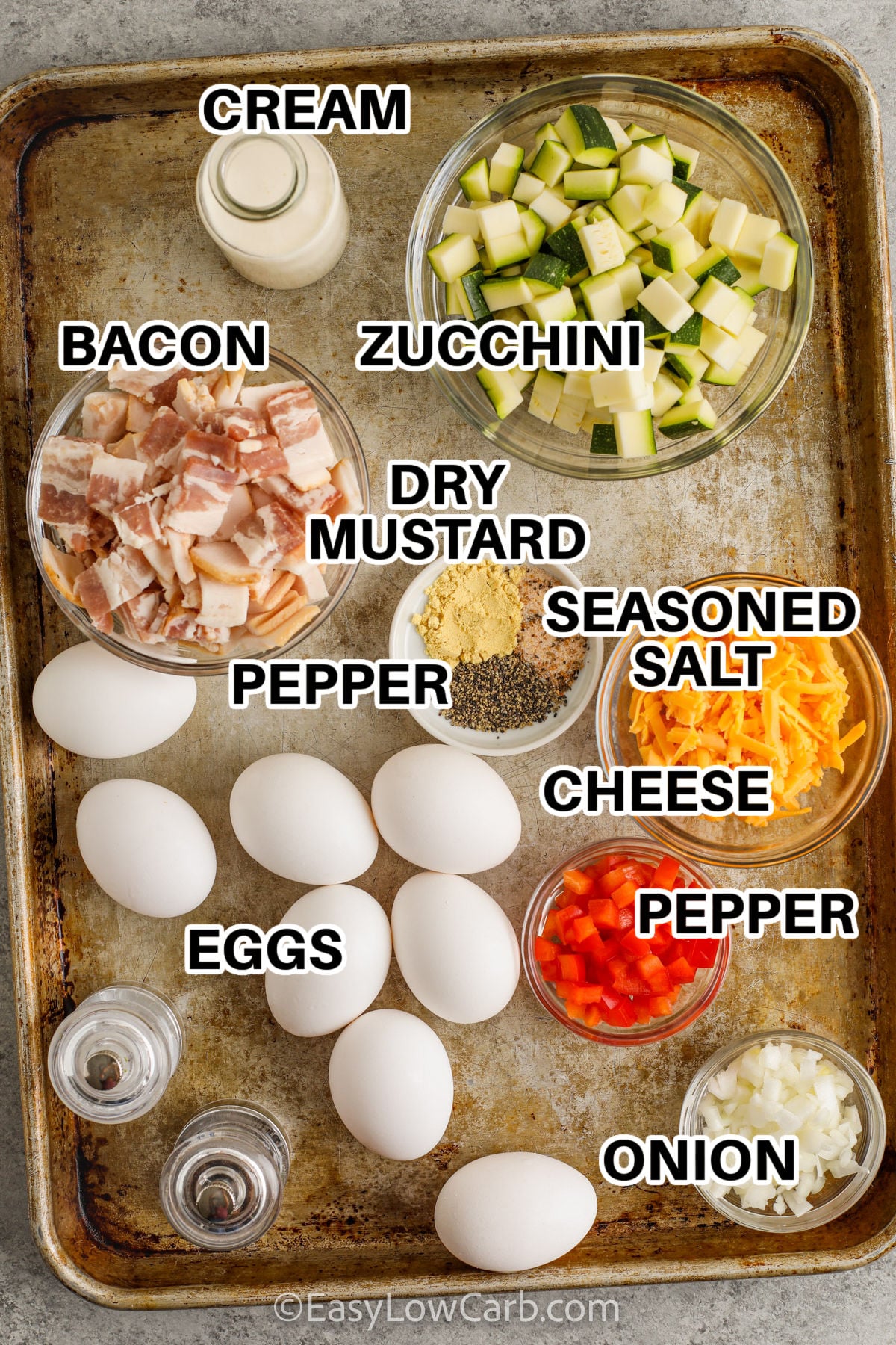Make zucchini frittata when you need a filling breakfast with simple ingredients and plenty of flavor. Smoky bacon, fresh vegetables, fluffy eggs, and cheddar create a meal everyone can enjoy. This zucchini breakfast recipe is perfect for meal prep because leftovers reheat beautifully. Add this easy favorite to your weekly menu today. #easylowcarb cream , zucchini , bacon , dry mustard , pepper , seasoned salt , cheese , pepper , eggs and onion with labels to make Zucchini Frittata