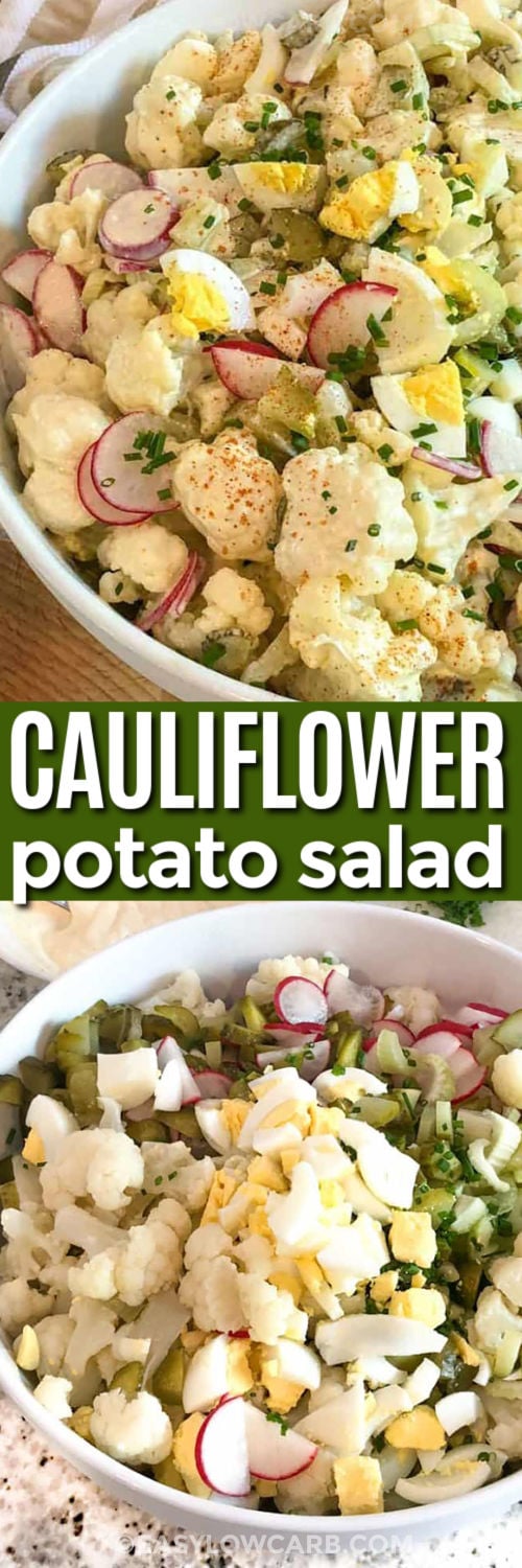 Try cauliflower potato salad for a fresh spin on traditional potato salad that never skimps on flavor. Every spoonful is filled with tender cauliflower, crisp celery, radishes, pickles, green onions, and eggs coated in a creamy, tangy dressing. This keto potato salad pairs well with grilled meats, sandwiches, and picnic favorites while keeping things light. Save this recipe and make it soon. #easylowcarb Cauliflower Potato Salad ingredients in a bowl and top photo mixed with dressing and a title