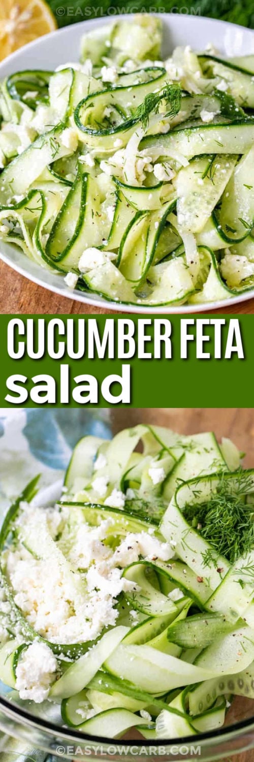 Try cucumber feta salad when you want a fresh and flavorful side everyone will enjoy. Thin cucumber ribbons soak up a bright lemon dill dressing before being topped with creamy crumbled feta. This Mediterranean-inspired cucumber salad is a delicious addition to backyard barbecues, potlucks, or weeknight dinners. Pin this easy favorite and serve it with your next meal. #theshortcutkitchen Cucumber Feta Salad in a bowl and plated dish with a title