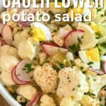 plated Cauliflower Potato Salad with a title