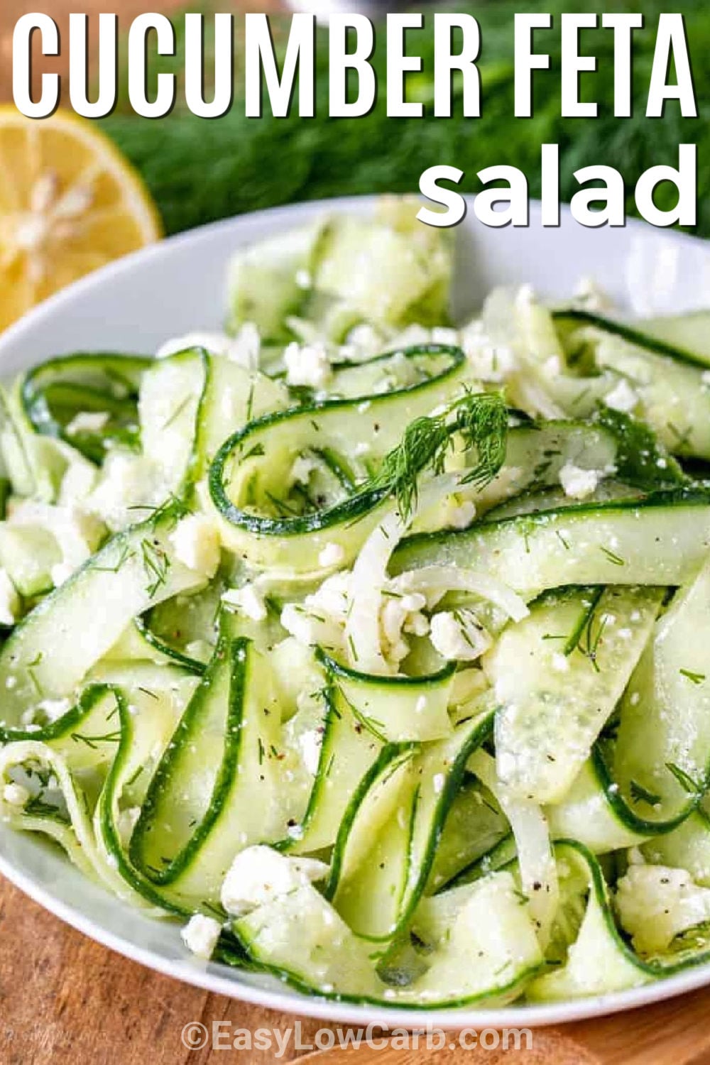 Fresh cucumber feta salad brings crisp cucumbers, tangy feta, and lemon dill flavor together in every bite. This easy summer salad is light, colorful, and a perfect match for everything from grilled meats to picnic favorites. The ribbon-cut cucumbers make every serving look extra special while keeping the ingredients simple and fresh. Save this recipe and make it for your next meal. #theshortcutkitchen Cucumber Feta Salad with a title