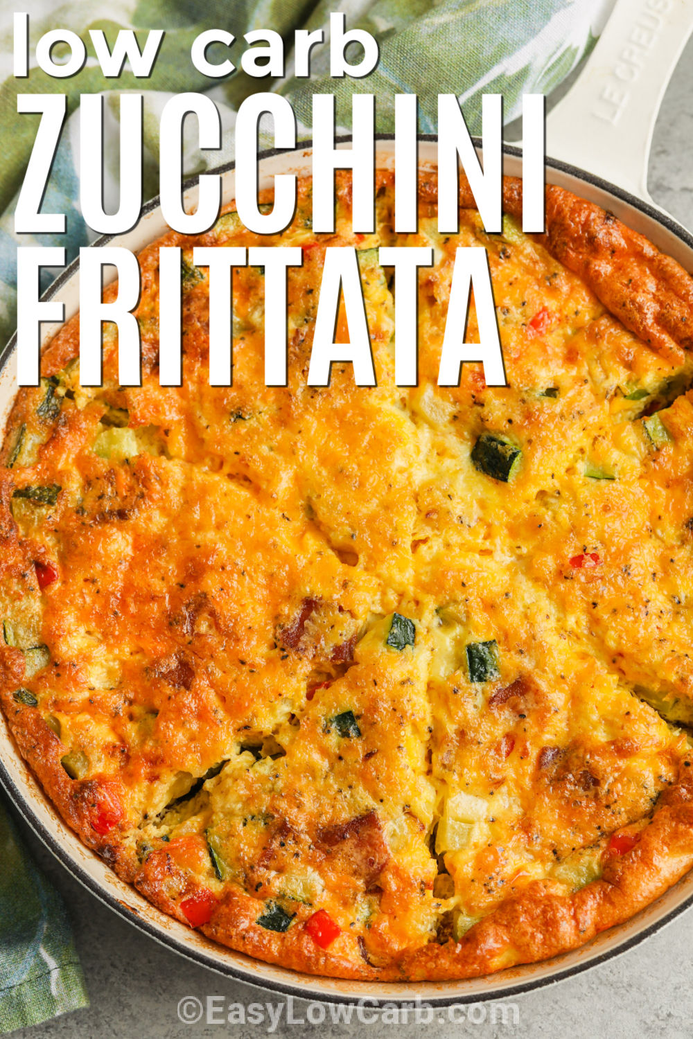 Zucchini frittata is the kind of easy breakfast recipe you'll want to make again and again. Crispy bacon, tender zucchini, sweet bell pepper, and cheddar cheese bake into every flavorful bite. This low carb frittata is great for meal prep, weekend brunch, or breakfast for dinner. It is hearty enough to keep everyone happy and simple enough for busy days. Try this zucchini egg bake today. #easylowcarb low carb Zucchini Frittata with writing