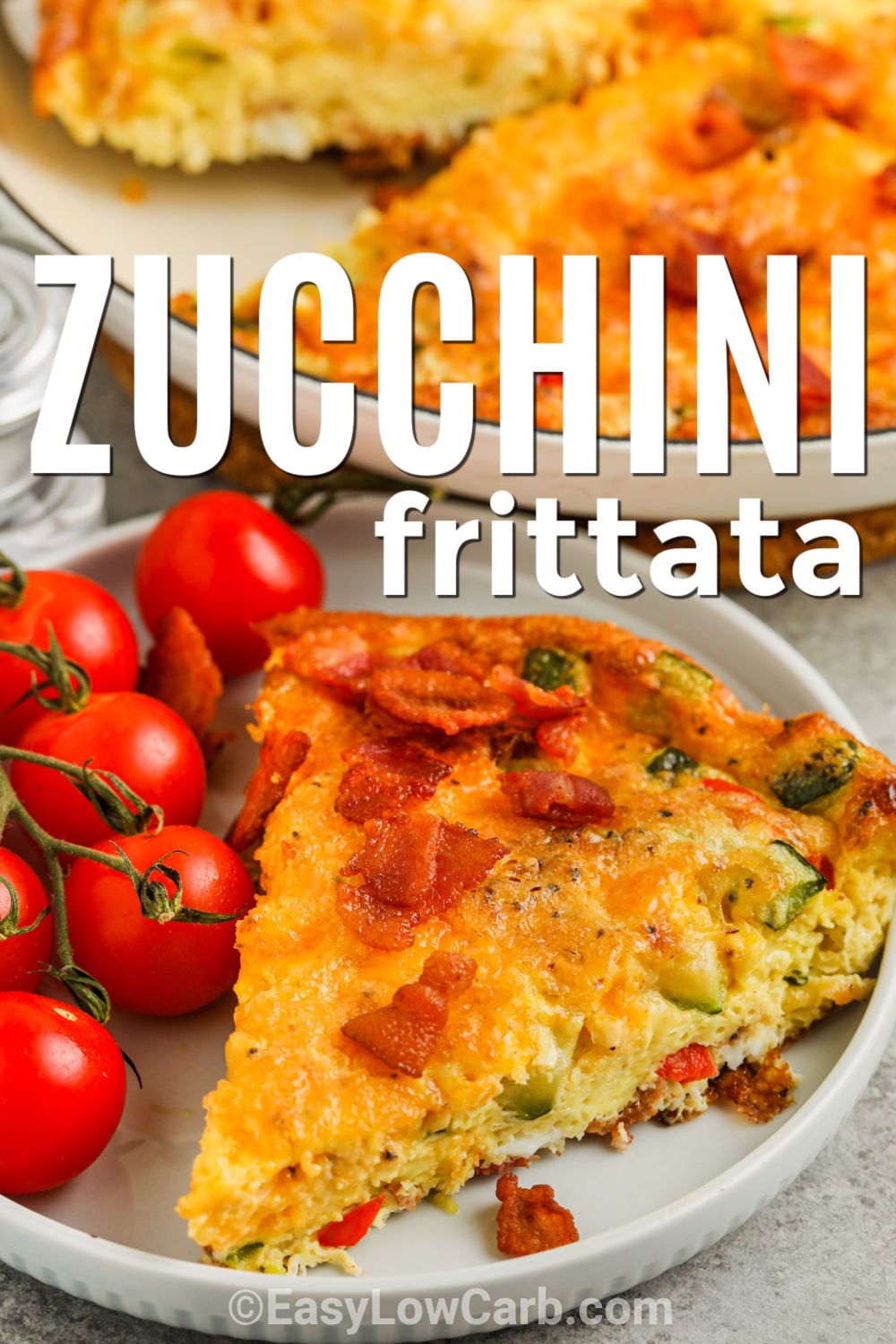 This zucchini frittata is filled with smoky bacon, fresh zucchini, and melty cheddar for a breakfast everyone will love. Every slice is packed with vegetables and rich egg flavor, making it a delicious low carb breakfast recipe. It is a great way to use fresh zucchini while keeping meals satisfying and simple. Save this zucchini frittata recipe and make it soon. #easylowcarb close up of plated Zucchini Frittata with a title