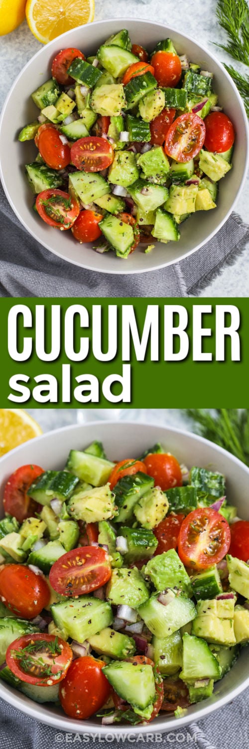 Cucumber tomato avocado salad belongs on every summer menu. Fresh vegetables, ripe avocado, and a simple homemade dressing create a colorful salad that is light, satisfying, and full of vibrant flavor. It complements everything from grilled burgers to roasted chicken and makes any meal feel brighter. Serve this healthy side at your next meal and watch it disappear. #easylowcarb Cucumber Tomato Avocado Salad in a bowl and bottom photo close up with a title