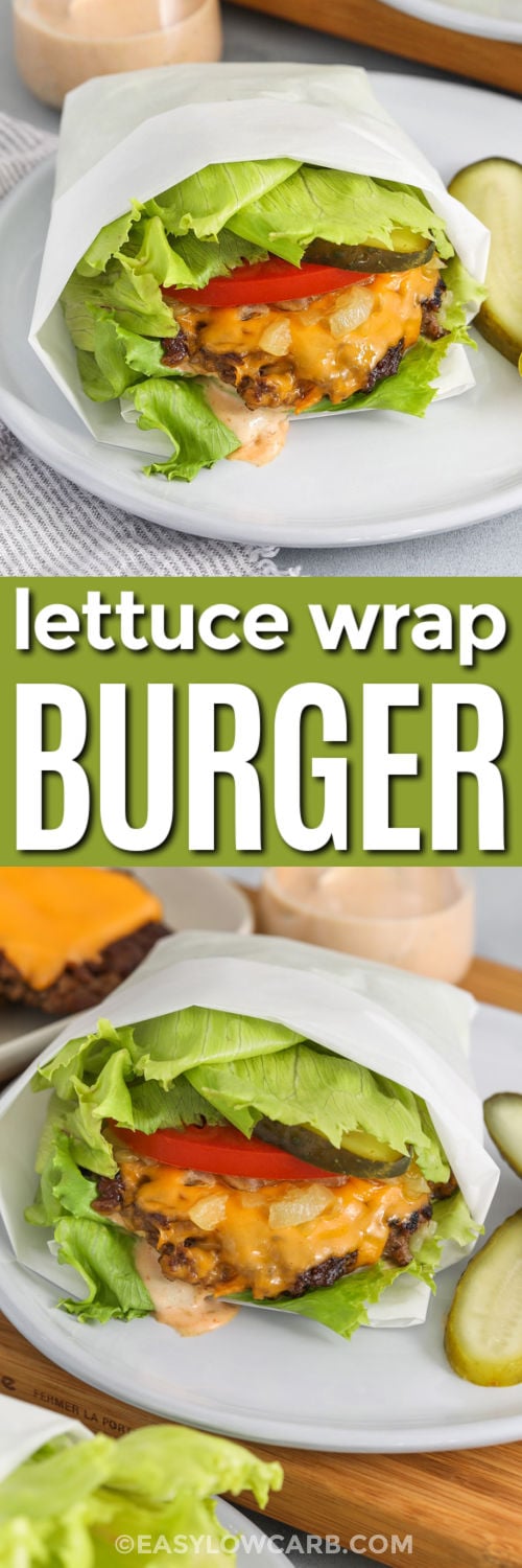 A smash lettuce wrap burger is an easy way to enjoy diner-style flavor without a traditional bun. Press loosely shaped ground beef onto a hot griddle or skillet to create thin patties with crisp edges, then finish each one with melted cheese. Stack several lettuce leaves and add tomato, pickles, sauce, and golden onions for a fresh handheld meal. Pin this simple recipe for cookouts, meal prep, or busy evenings. #easylowcarb Lettuce Wrap Burger on a plate and close up photo on bottom with a title