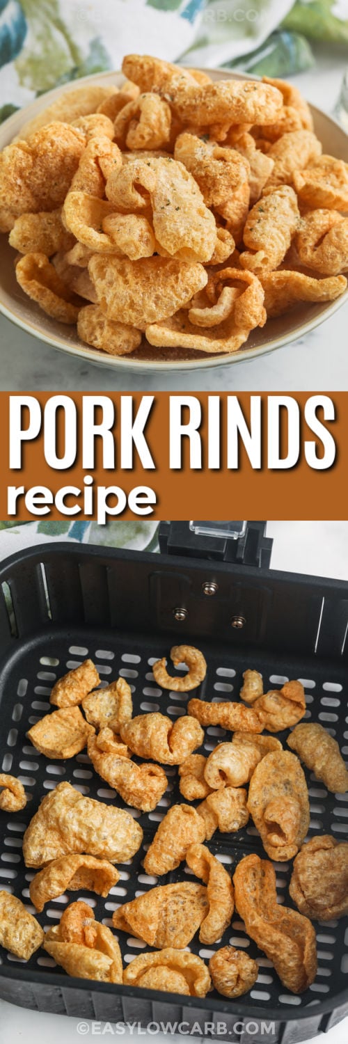 Pork rinds are the perfect base for this flavorful ranch snack that is made in the air fryer. Warming them brings out even more crunch while the seasonings coat every bite with bold flavor. This easy keto snack is perfect for parties, holiday gatherings, or keeping cravings in check with a satisfying low carb option. Save this recipe and make a batch soon. #easylowcarb Ranch Pork Rinds in the air fryer and plated with a title