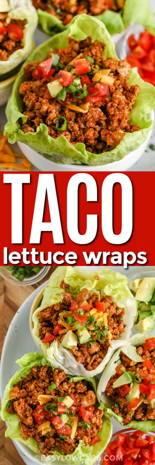 Love taco night? Taco lettuce wraps are a lighter twist that never sacrifices flavor. Crisp lettuce replaces tortillas while seasoned beef and your favorite taco toppings create a meal that is satisfying and easy to customize. They are great for family dinners, meal prep, or anyone looking for a fresh low carb dinner idea. Give this recipe a place on your weekly menu. #easylowcarb Taco Lettuce Wraps on a plate and close up with a title