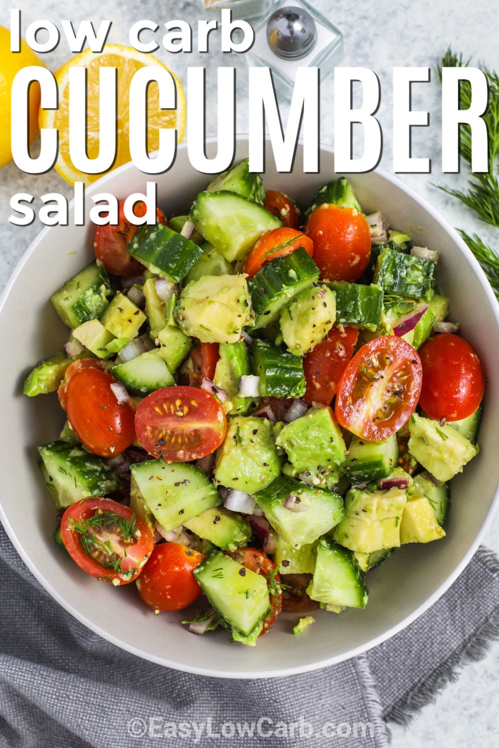 Cucumber tomato avocado salad brings fresh garden flavor to every plate. Sweet tomatoes, crunchy cucumbers, and creamy avocado are coated in a light vinaigrette that lets every ingredient shine. It is a delicious side dish for cookouts, lunches, or family dinners and tastes wonderful with grilled meats or fish. Add this easy salad to your menu and enjoy every fresh bite. #easylowcarb low carb Cucumber Tomato Avocado Salad in a bowl with writing