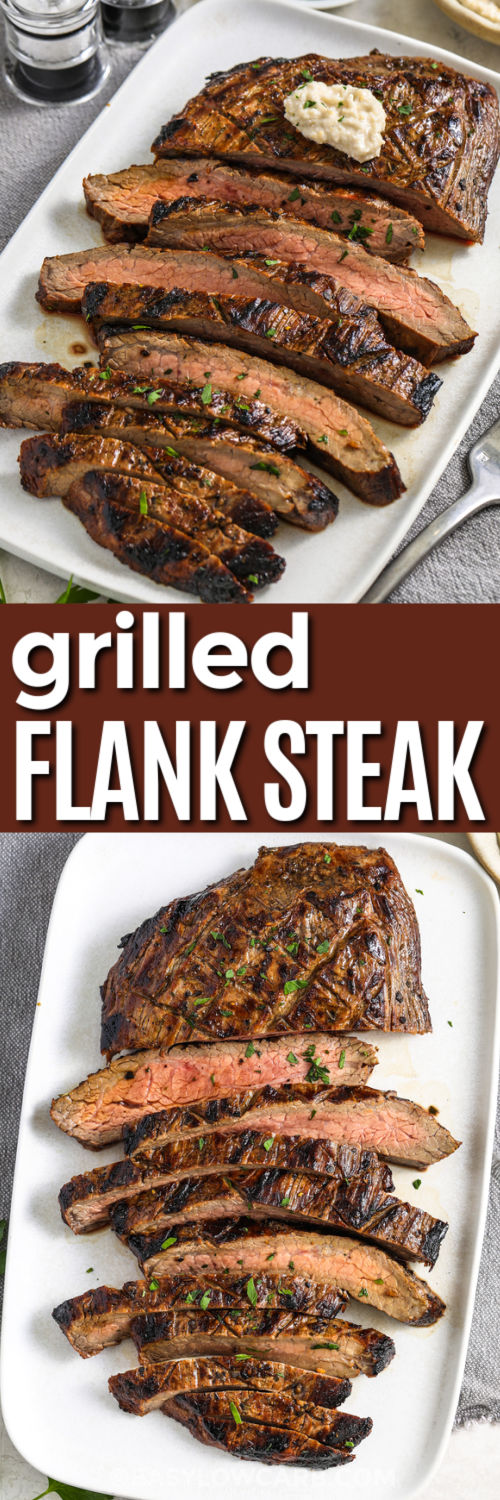 Grilled flank steak makes a flavorful dinner without a lot of fuss. The easy marinade combines balsamic vinegar, soy sauce, garlic, and oregano for a delicious blend of savory flavor. Let the steak marinate ahead of time, then grill it until perfectly cooked. Slice it thinly across the grain for tender bites. Pair it with your favorite low-carb sides, or save leftovers for salads and wraps. Try this simple recipe today. #easylowcarb Grilled Flank Steak on a plate with mashed potatoes and bottom photo top view of plate with a title