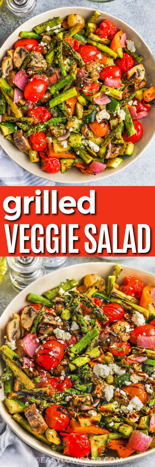 This grilled vegetable salad is packed with smoky zucchini, sweet bell pepper, asparagus, red onion, and juicy tomatoes. The warm vegetables are chopped and tossed with a simple parsley balsamic dressing, then finished with creamy feta and toasted pine nuts. It is a colorful low carb side that is ready in 20 minutes and pairs easily with grilled chicken, steak, fish, or pork. Save this fresh summer recipe for your next cookout. #easylowcarb top in a bowl with dressing and top photo is view from over top with a title