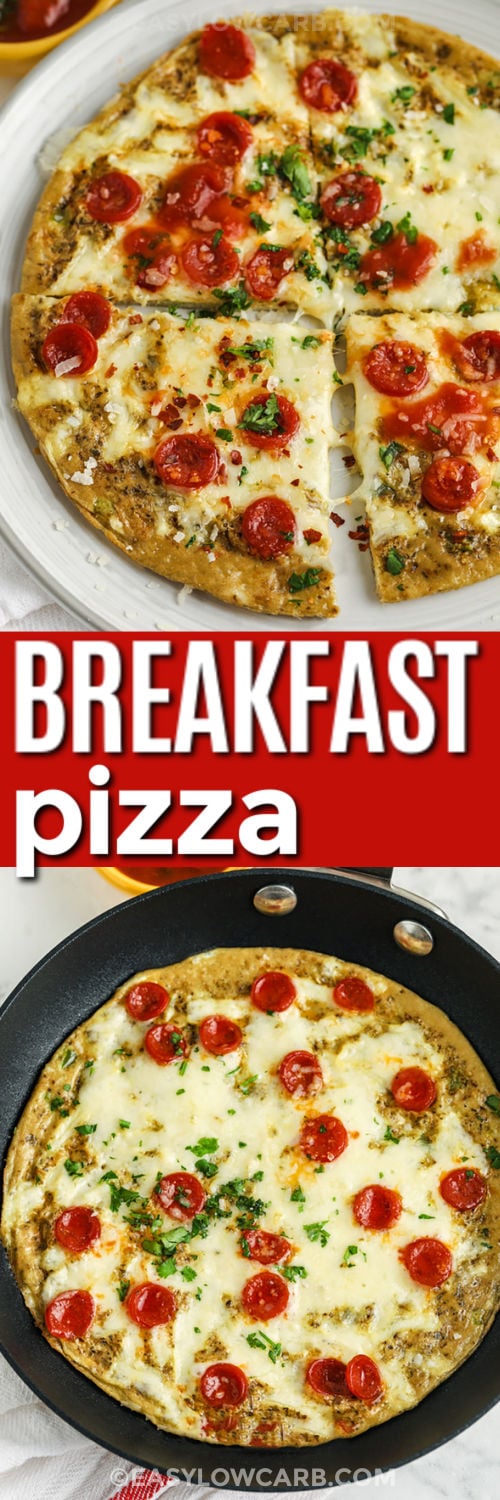 Keep breakfast simple with keto breakfast pizza made in a 6-inch skillet. Eggs and heavy cream create the tender crust, while pepperoni, mozzarella, oregano, and sautéed vegetables make the top taste like a favorite pizza order. The toppings are easy to change with cooked sausage, bacon, mushrooms, olives, or extra cheese, making this recipe useful for cleaning out the fridge. Save this customizable breakfast idea for later. #easylowcarb Keto Breakfast Pizza in the pan and plated with a title