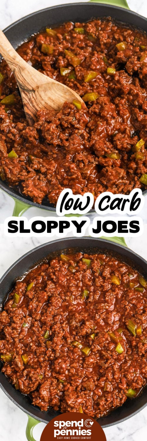 Easy keto sloppy Joes are made for nights when comfort food sounds good but there is not much time to cook. Browned ground beef and finely chopped green pepper are coated in a thick tomato sauce with just the right balance of sweetness and tang. The entire filling cooks in one skillet in about 15 minutes and can be paired with homemade or store-bought keto buns. Keep this quick low carb ground beef dinner handy and save the recipe for later. #easylowcarb Keto Sloppy Joes in the pan and top photo close up with a wooden spoon with a title.