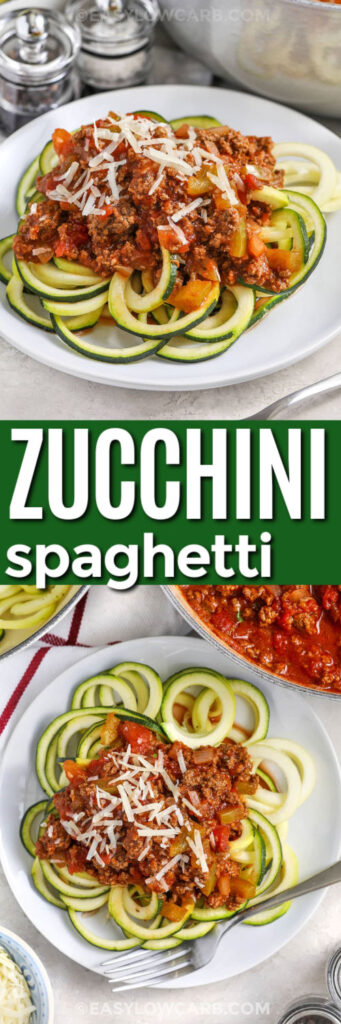 Zucchini spaghetti makes a simple low-carb dinner packed with the flavors you love. Savory ground beef simmers with tomatoes, Italian seasoning, onion, garlic, and green pepper to create a rich meat sauce. Serve it over lightly cooked zucchini noodles and add Parmesan for a tasty finish. Try this easy keto-friendly meal tonight and enjoy a fresh twist on spaghetti. #easylowcarb Zucchini Spaghetti on a plate and bottom photo is a top view of the plate with a pan f meat sauce on the side and a title.