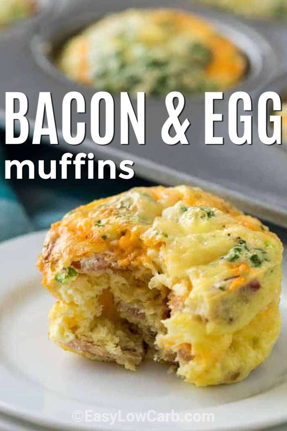Bacon and egg muffins are a delicious low carb breakfast made with eggs, crispy bacon, cheddar cheese, and green onions. They are easy to make ahead, so you can have a filling breakfast ready for busy mornings. Keep them in the fridge for a quick grab-and-go meal, or freeze extras for later. These cheesy egg muffins also make a tasty protein-packed snack. Bake a batch today and enjoy an easy breakfast all week. #easylowcarb close up of plated Bacon and Egg Muffins with a title