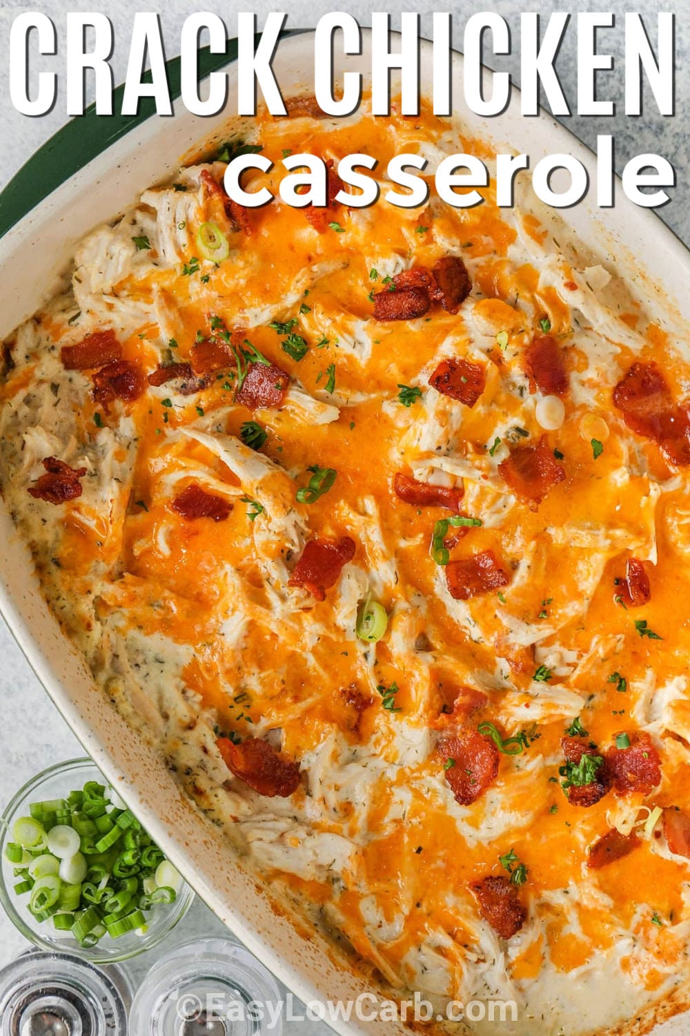 Crack chicken casserole brings together some of the best dinner flavors in one easy dish. Tender chicken, cream cheese, cheddar, bacon, and ranch-inspired seasonings create a rich and savory combination with a hint of spice. It is a great choice when you want a filling low-carb meal without complicated ingredients. Add cauliflower rice or fresh vegetables on the side. Make this cheesy chicken casserole for your next dinner. #easylowcarb Crack Chicken Casserole in the casserole dish with writing.