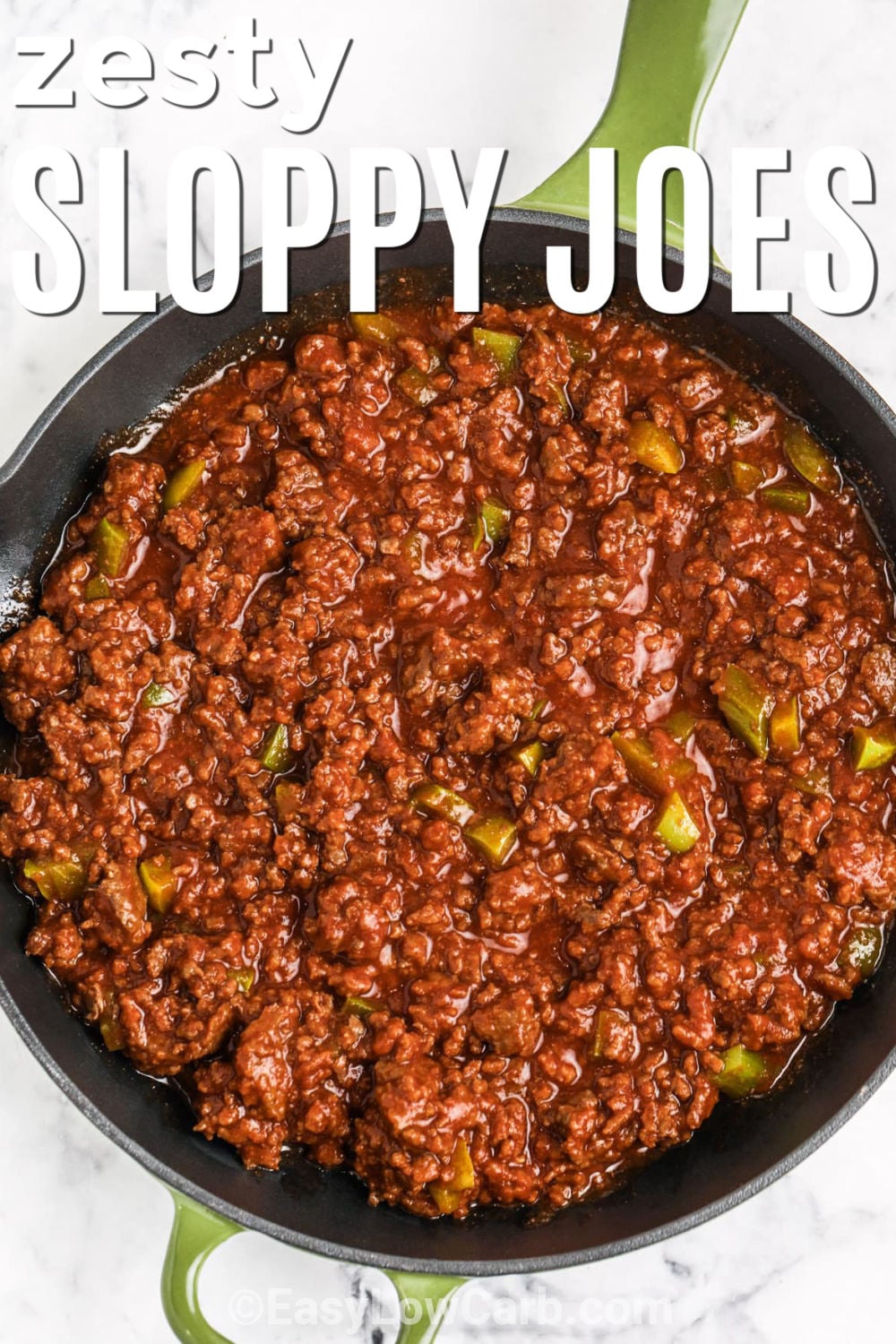 These keto sloppy Joes have the saucy, savory flavor of the familiar sandwich with an easy low carb twist. Ground beef and bell pepper simmer with tomato sauce, sugar-free ketchup, cider vinegar, mustard, and Worcestershire until thick and flavorful. The filling takes only minutes to cook and reheats well for meal prep, too. Serve it on keto buns, lettuce cups, or cauliflower mash. Pin this easy ground beef recipe for your next weeknight dinner. #easylowcarb pan of Keto Sloppy Joes with writing.