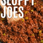 pan of Keto Sloppy Joes with a wooden spoon and writing.