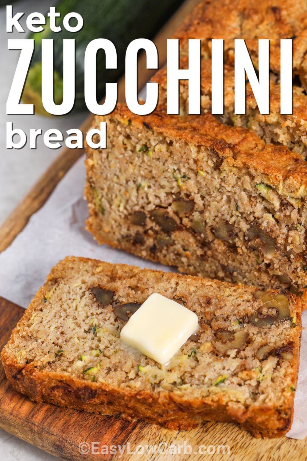 Keto zucchini bread is an easy way to enjoy a homemade low-carb treat. Fresh zucchini adds moisture, while almond flour gives this loaf a delicious nutty flavor. Cinnamon and vanilla add warm flavor, and chopped walnuts bring a tasty crunch. It is perfect for breakfast, an afternoon snack, or a simple dessert. Bake a loaf and enjoy a wholesome treat that fits your low-carb goals. #easylowcarb Keto Zucchini Bread with butter and writing