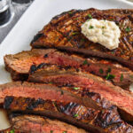 close up of Grilled Flank Steak with mashed potatoes