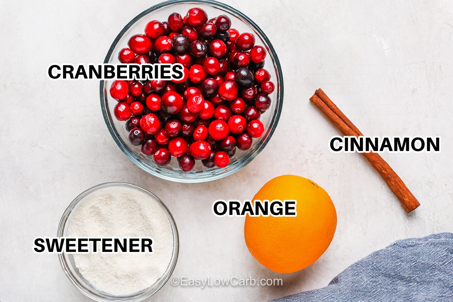 cranberries , cinnamon , orange and sweetener with labels to make Keto Cranberry Sauce.