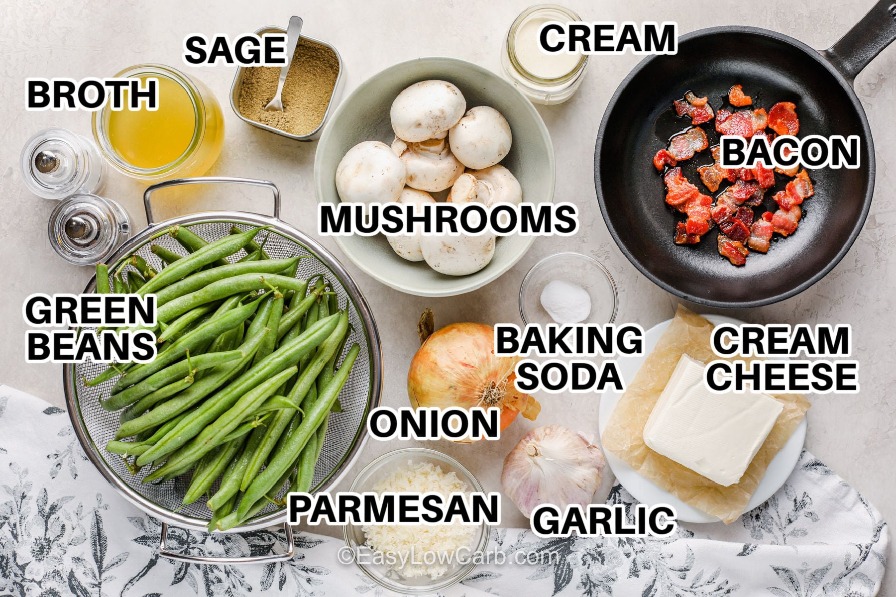 Make keto green bean casserole when you want a classic holiday side without all the carbs. Tender green beans are covered in a creamy mushroom sauce made with cream cheese, Parmesan, garlic, and savory bacon. A simple keto bread crumb topping adds a little crunch before the casserole goes into the oven. It is rich, comforting, and perfect alongside your favorite holiday main dish. Save this recipe and give it a try. #easylowcarb broth , sage , mushrooms , green beans , onion , parmesan , garlic , baking soda , cream cheese , bacon , cream with labels to make Keto Green Beans Casserole