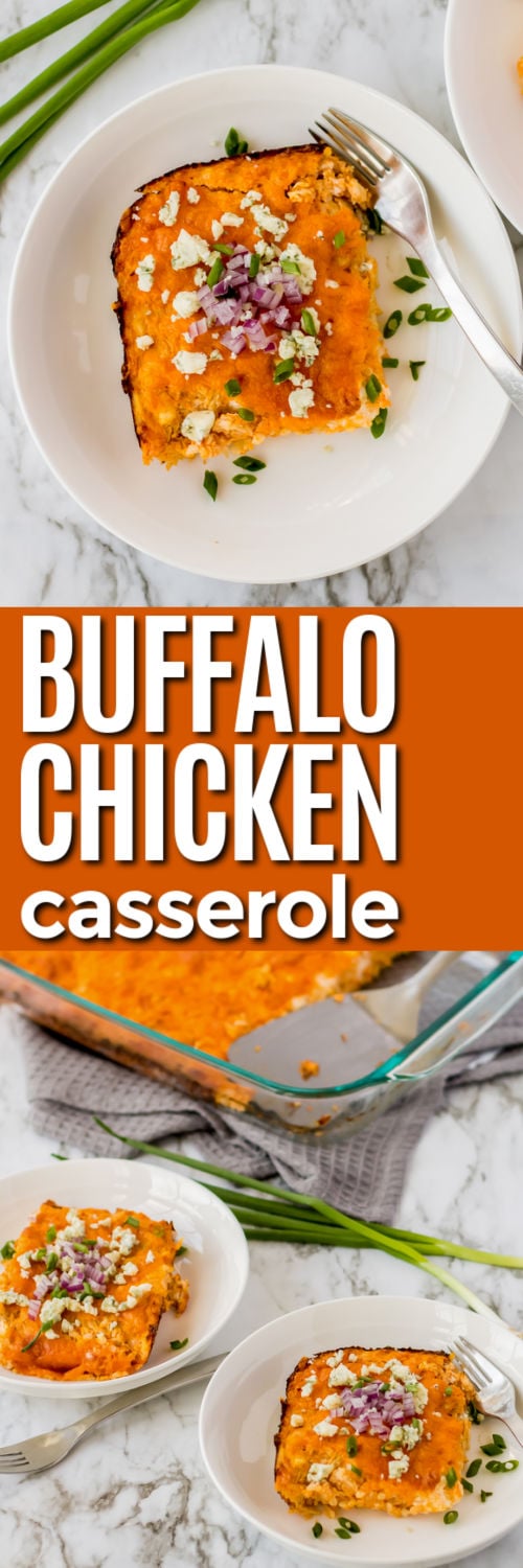 Keto buffalo chicken casserole is a creamy, cheesy dinner with plenty of spicy buffalo flavor. Tender shredded chicken and cauliflower rice make it hearty without pasta or rice. Cream cheese, sour cream, and cheddar give every bite rich flavor, while eggs help hold everything together as it bakes. It is also a tasty way to turn leftover chicken into a family-friendly low-carb meal. Give this easy casserole a try tonight. #easylowcarb casserole dish full of Keto Buffalo Chicken Casserole with slices on a plate and top photo close up with writing.