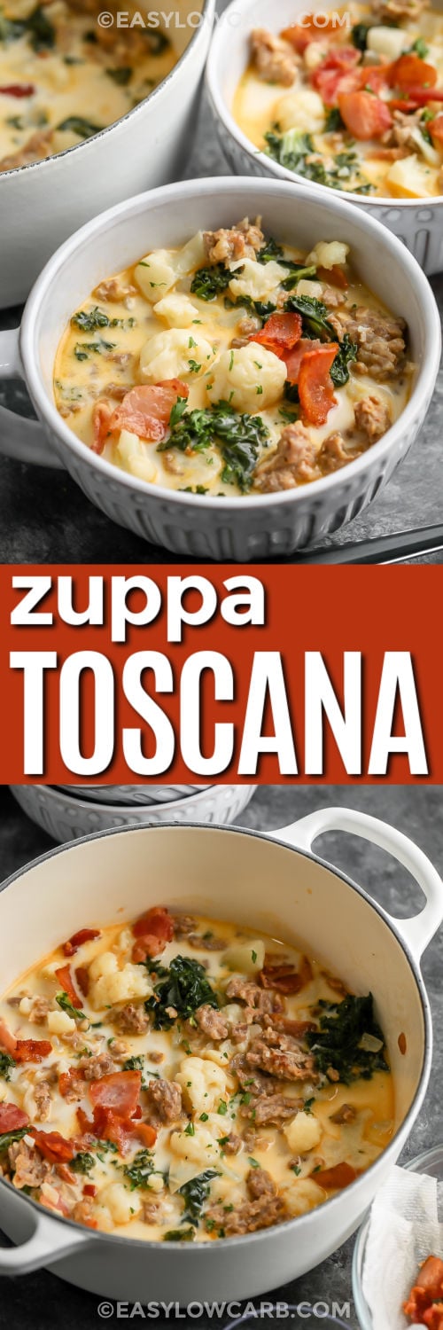 Make Keto Zuppa Toscana when you want a warm, satisfying meal packed with flavor. Tender cauliflower, hearty kale, Italian sausage, and crispy bacon come together in a creamy chicken broth. This keto soup has all the comforting qualities of a classic Italian-inspired dish while keeping the potatoes out of the bowl. It is an easy low carb dinner for cool evenings and busy nights. Grab your soup pot and give this recipe a try. #easylowcarb Keto Zuppa Toscana in the pot and in bowls with a title.