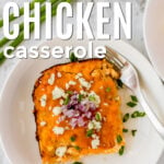 cheesy Keto Buffalo Chicken Casserole slice on a plate with writing.