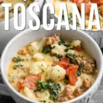 bowls of Keto Zuppa Toscana with a title.